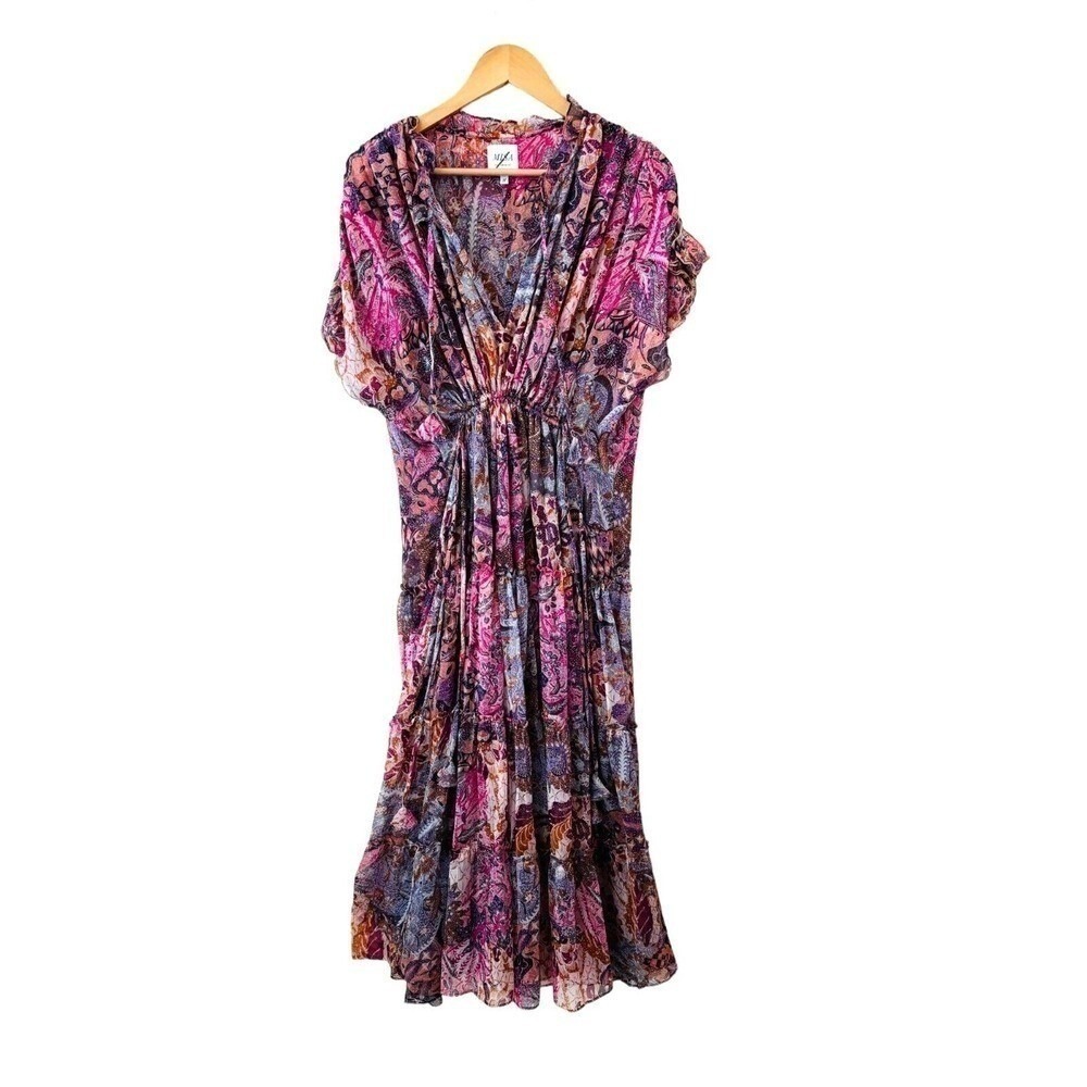 Misa Los Angeles Purple-Pink Printed V-Neck Midi Dress - Picture 2 of 8